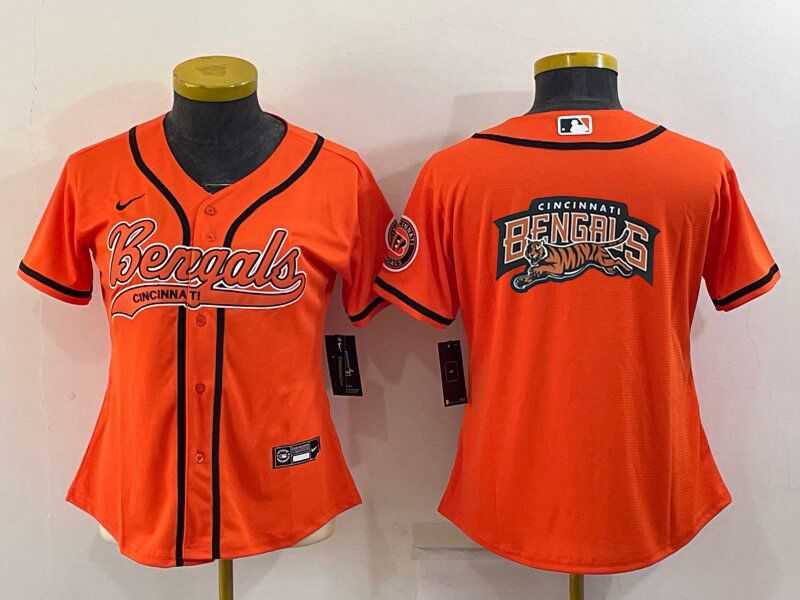 Women%27s Cincinnati Bengals Orange Team Big Logo With Patch Cool Base Stitched Baseball Jersey